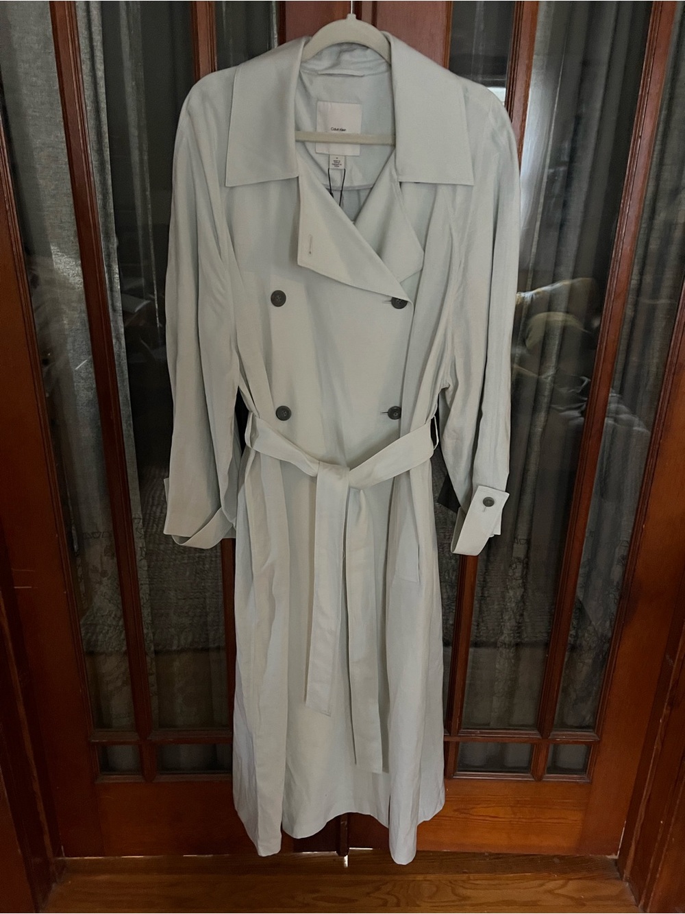 Calvin Klein Light Gray Double-Breasted Lightweight Trench Coat